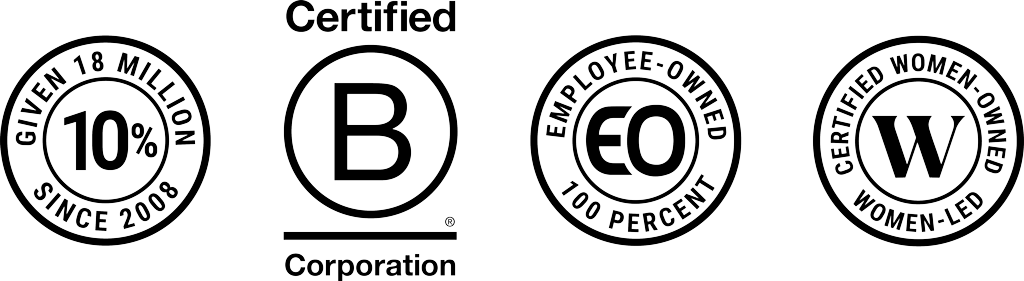 10% Annually Donated, B Corporation and Employee owned logo lockup