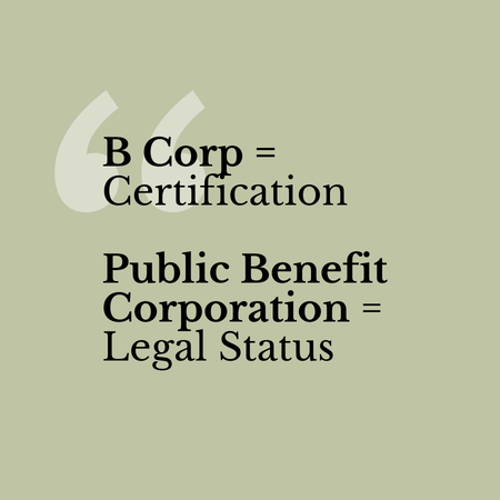 Text on green background: 'B Corp = Certification; Public Benefit Corporation = Legal Status.