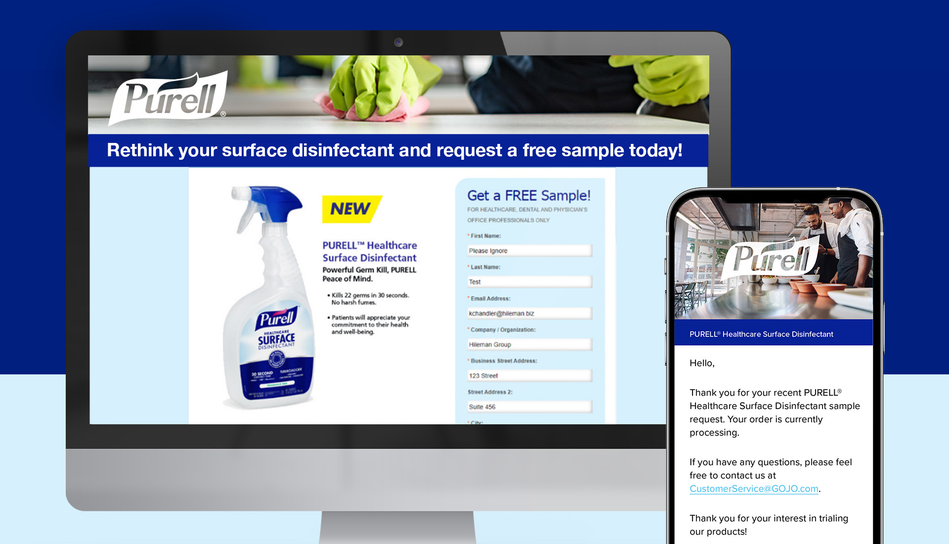Purell landing pages mocked up in a desktop computer and iPhone